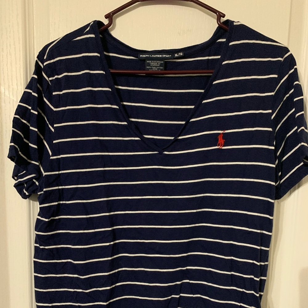 Blue and white stripe Polo with a red horse